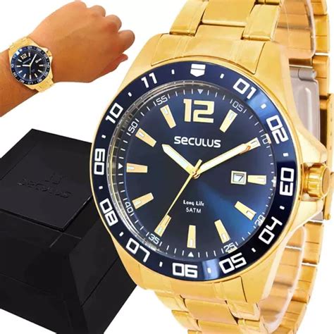 Relógio Seculus Masculino Dourado Original Luxo Prova Dágua