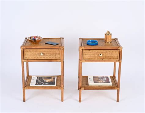 Pair Of French Riviera Nightstands In Bamboo Rattan And Brass Italy