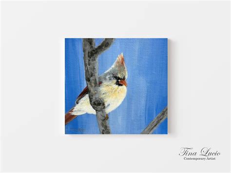 Female Cardinal Bird Painting On 5x5 Inch Gallery Wrapped Canvas Wildlife Artwork Original