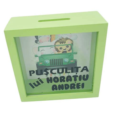 Pusculita Pentru Copii Personalizata Cu Nume Model Safari Verde