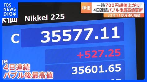 日経平均株価、4日連続でバブル後最高値を更新 終値は527円高｜tbs News Dig Youtube