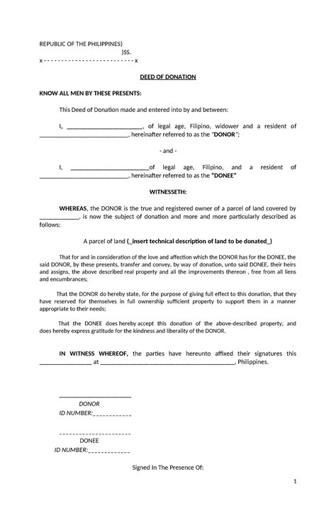 Deed Of Donation Parcel Of Land Format Republic Of The Philippines Ss X X Deed Of