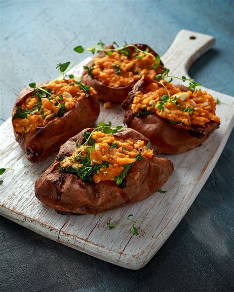 Roast Sweet Potato Stuffed With Feta Cheese And Kale Healthy Food