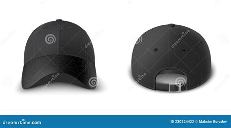 Black Baseball Cap Set Front And Back View Realistic Vector Template