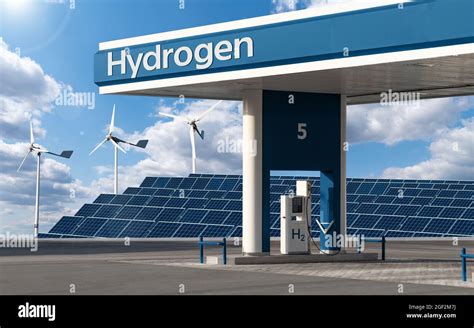 Hydrogen Filling Station On A Background Of Solar Panels And Wind