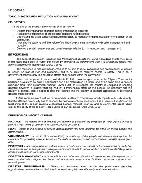 Lesson 6 Disaster Risk Reduction Lesson 6 Topic Disaster Risk