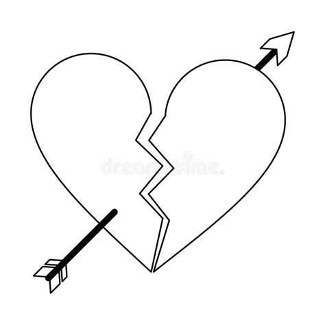 Heart Broken With Bow Arrow Symbol Black And White Stock Vector