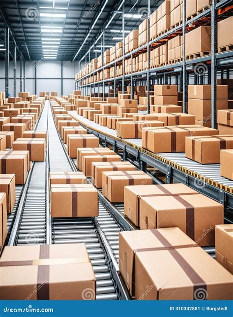 Cardboard Boxes On Conveyor Belts And Rows Of Boxes In A Distribution