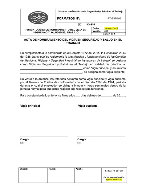 Ft Sst 006 Formato Acta De Nombramiento Del Vigia En Seguridad Y Salud