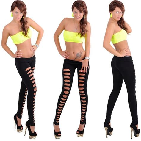 Black Skinny Hollow Womens Hole Leggings Ripped Hole Cut Out Pencil