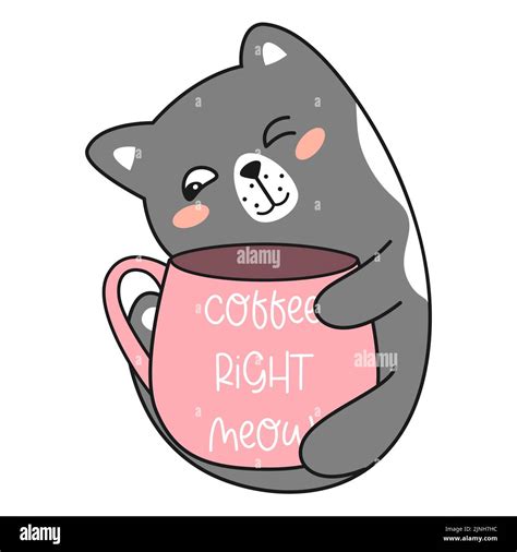 Cute Kawaii Cat Holds Pink Mug Stock Vector Image And Art Alamy