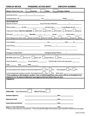 Fillable Online Natickma Town Of Natick Personnel Action Sheet Employee