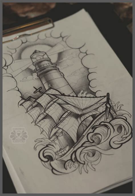 Lighthouse And Ship By Karviniya Nautical Tattoo Sleeve Ship Tattoo