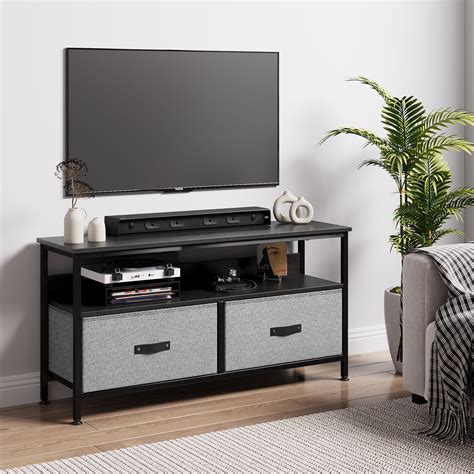 Danolapsi Television Stand With Drawers Shelves Wood Fabric Metal Black