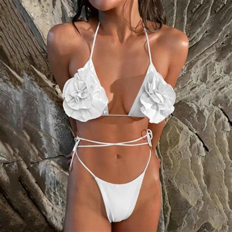 Sexy Bikini Set Rose Decor Bikini Set With Halter Neck Lace Up Detail Soft Quick Dry