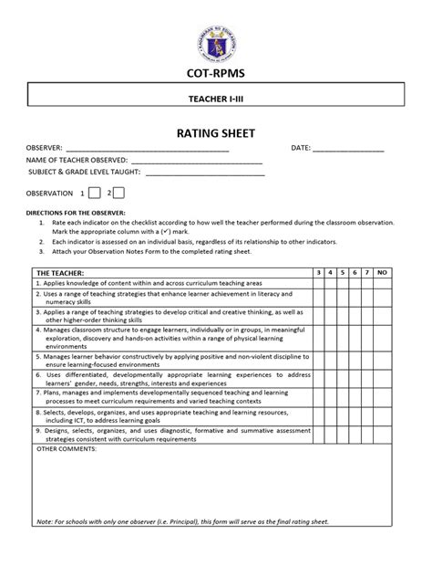 Rating Sheet Teacher I Iii 051018 2 11 Pdf Teachers Learning