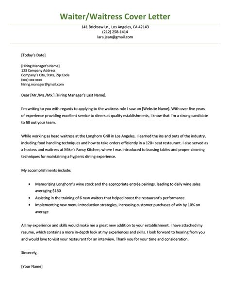 Waiterwaitress Cover Letter Example And Tips