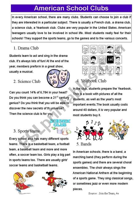 American School Clubs Written Comprehension Esl Worksheet By Zeline