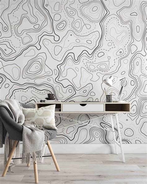 Topographic Topo Map Black White Background Wallpaper Self - Etsy