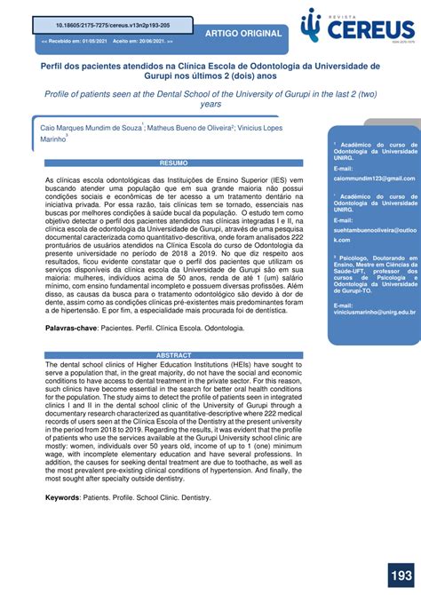 PDF Perfil dos pacientes atendidos na Clínica Escola de Odontologia