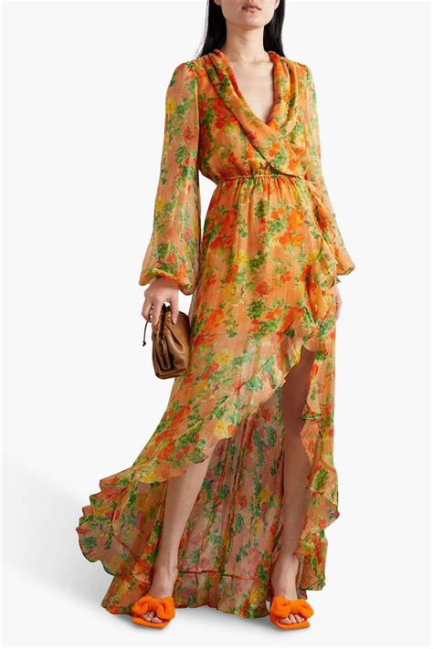 CAROLINE CONSTAS Vivian Wrap Effect Ruffled Floral Print Silk Chiffon