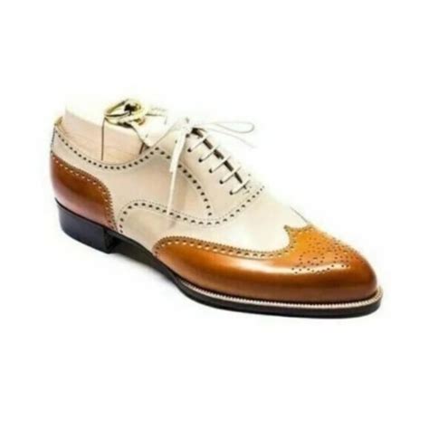 Bespoke Men S Handmade Two Tone Cream And Tan Oxford Shoe Men S Brogue Dress Up Shoe Men S