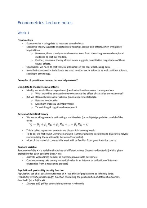 Econometrics Lecture Notes Economic Theory Suggests Important