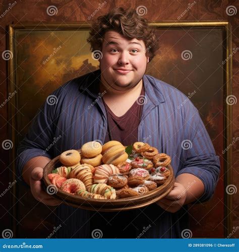 Young Fat Man Holding A Tray Of Junk Food Stock Illustration