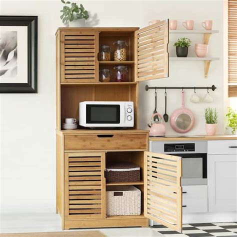 VEIKOUS Natural Bamboo Wood Color Kitchen Pantry Cabinet Storage Hutch