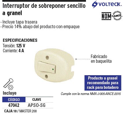 47042 APSO SG TRUPER Interruptor De Sobreponer Sencillo A Granel