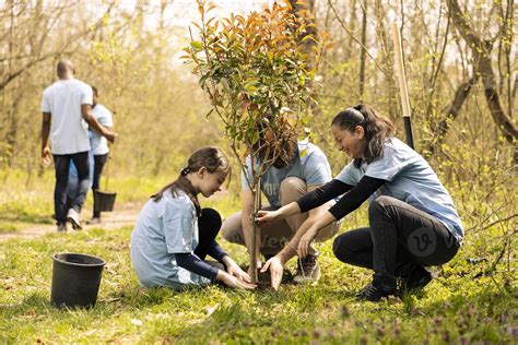 Volunteers And A Little Kid Planting Tree And Covering Hole In The