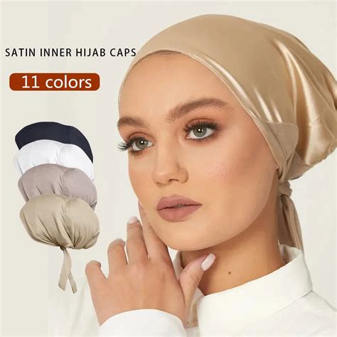 Satin Lined Silk Inner Hijab Caps Muslim Women Jersey Elastic Tie Back