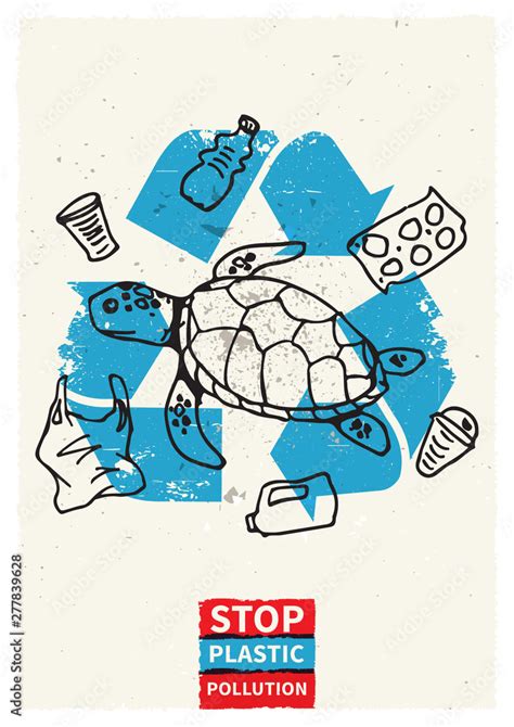 Stop Ocean Plastic Pollution Vector Illustration With Turtle And Plastic Garbage Marine