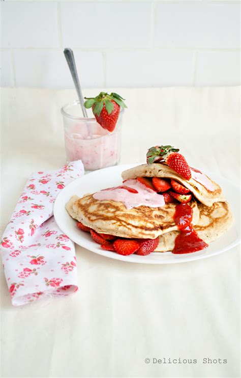 Delicious Shots Pancakes With Strawberry Sauce And Homemade Crème Fraîche