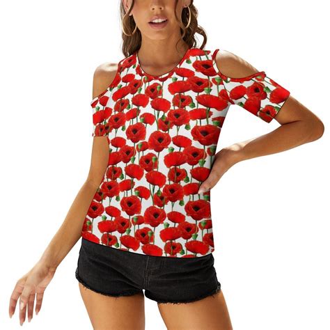 Poppy Pattern New Fashion Zip Off Shoulder Top Short Sleeve Women Shirt