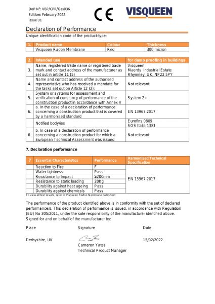 Gas Ce Visqueen Radon Membrane Declaration Of Performance Visqueen