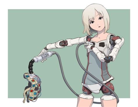 Girl Android Blonde Hair Cable Holding Mechanical Parts Original Short Hair Simple Background