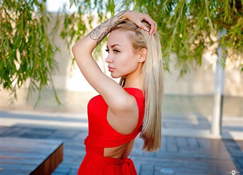 Wallpaper Portrait Tattoo Red Dress Long Hair Women Outdoors