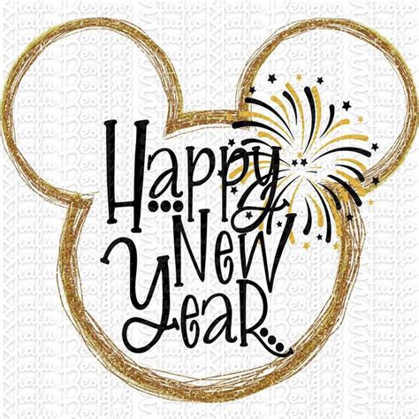 A Mickey Mouse Head With The Words Happy New Year Written In Gold And