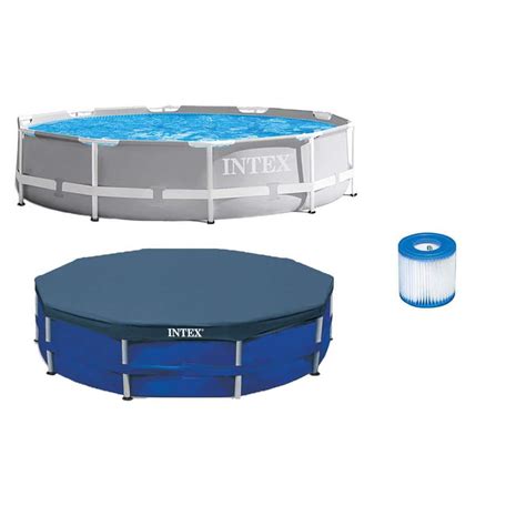 Intex 10 Ft X 30 In Round Metal Frame Pool With 10 Ft Round Pool Cover And Filter Cartridge