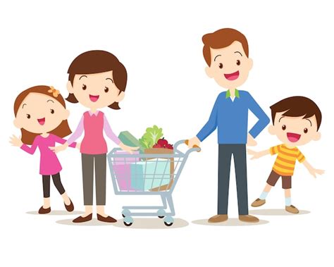 Linda Familia De Compras En El Mercado Juntos Vector Premium