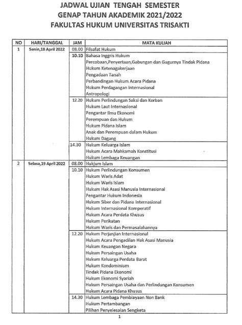 JADWAL UJIAN TENGAH SEMESTER GENAP T A 2021 2022 FAKULTAS HUKUM