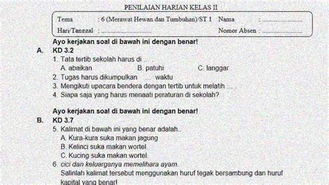 Soal Penilaian Harian Kelas 2 Tema 6 Subtema 1 Dan Kunci Jawaban