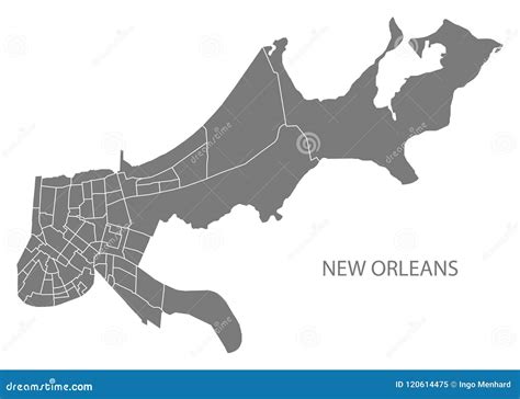 New Orleans Louisiana City Map With Neighborhoods Grey Illustration