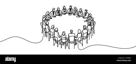 Group Of People Sitting In A Circle For A Discussion Or Meeting Drawn By One Line Vector