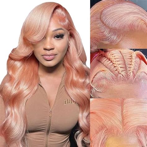 Amazon EECBN 22Inch Light Pink Lace Front Wig Human Hair Pink Blonde Body Wave Wigs Human