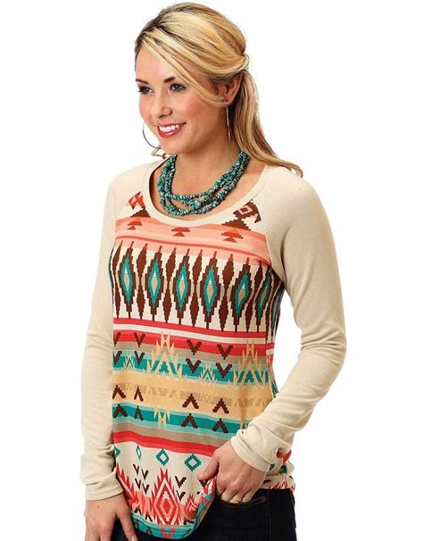 Roper Womens Long Sleeve Aztec Print Shirt Neutral Women Long