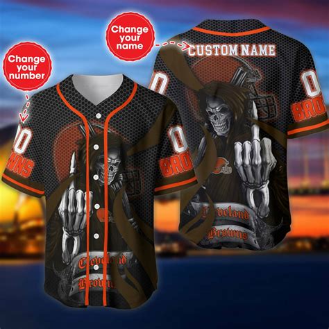Nfl Cleveland Browns Custom Name Number Skull Baseball Jersey