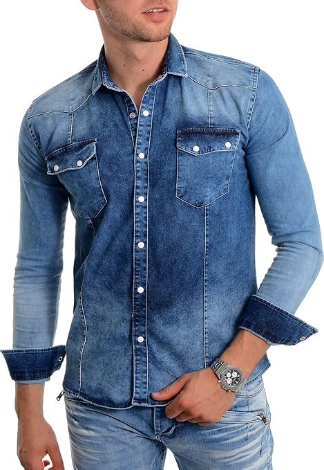 Mens Blue Denim Shirt Thick Fabric Stone Wash Long Sleeve Slim Fit Stud