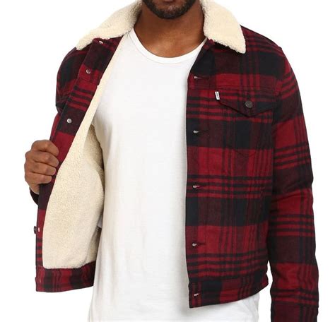 Levis Mens Plaid Jacket Wool Blend Sherpa Lined Trucker Plaid